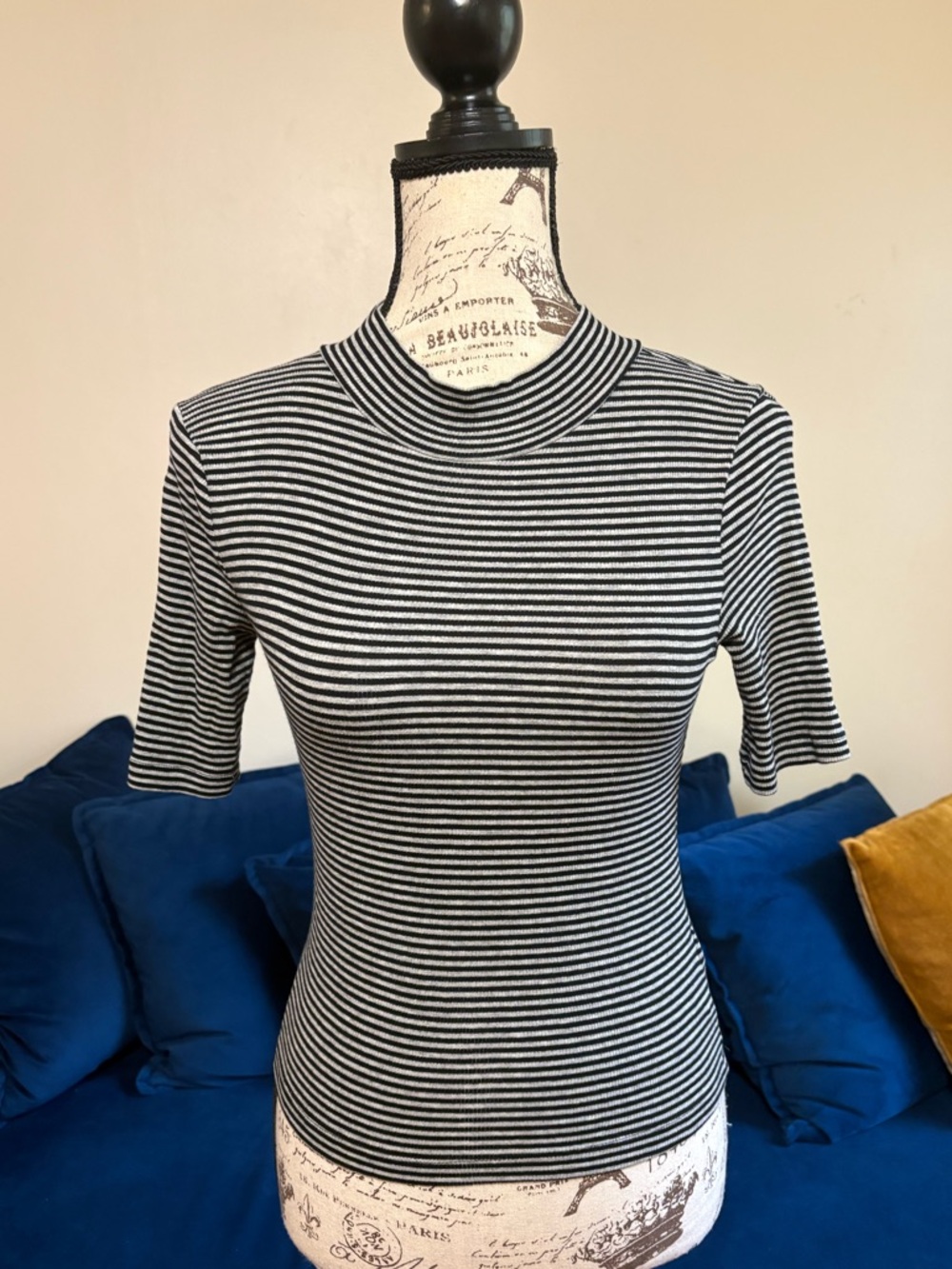 Gray & Black Striped Mock Neck Short Sleeve Top by H&M